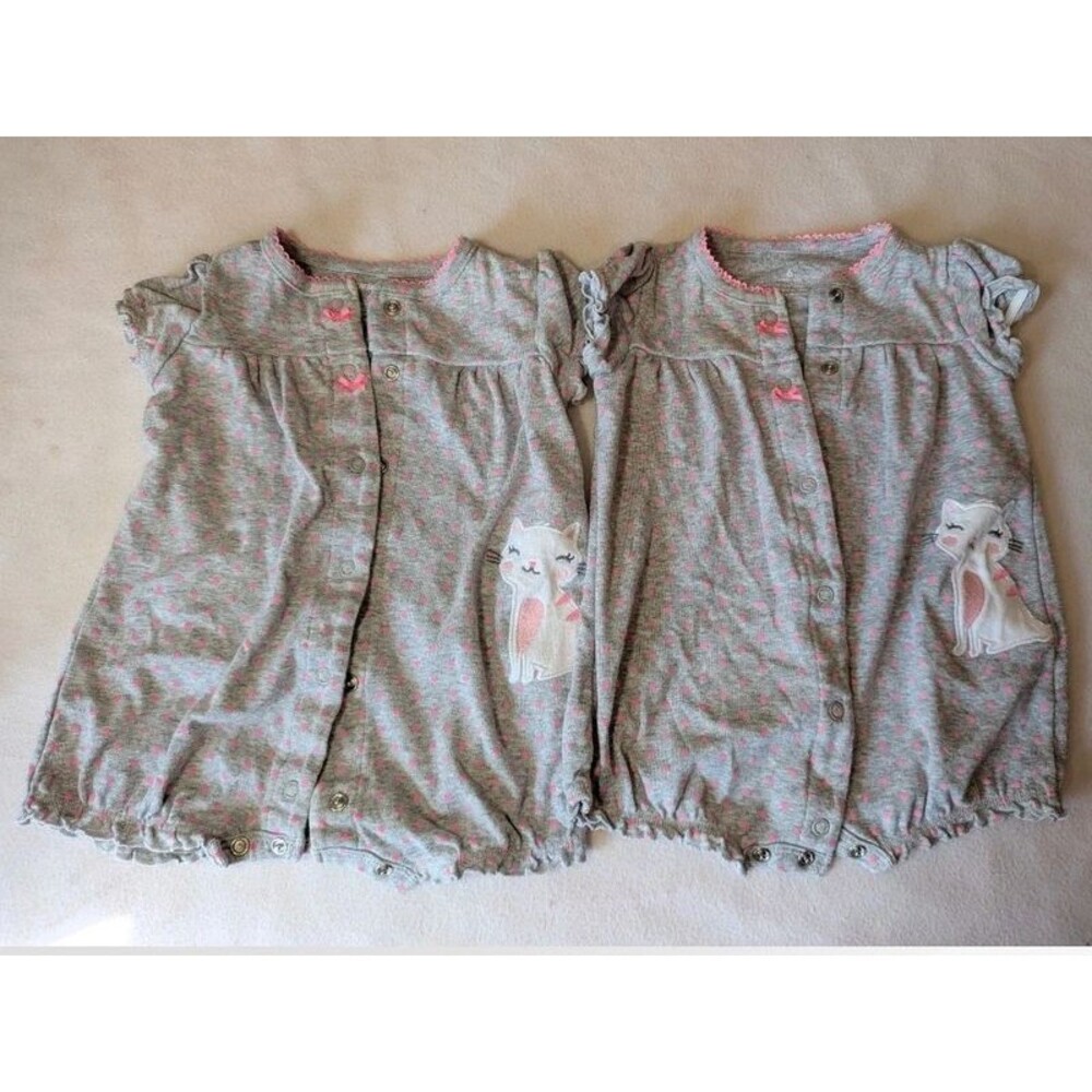 Carter’s Girls Cat Rompers 2-Pack Gray Pink Polka Dot Size 6 Months